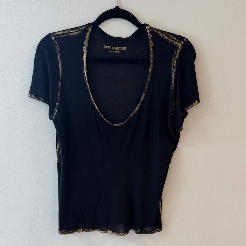 Zadig & Voltaire Black Short-Sleeve Tee with Metallic Gold Trim